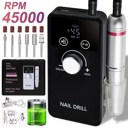 Ponceuse à Ongles Électrique 45000 RPM Rechargeable – Nail Drill Professionnel avec Embouts et Écran LCD – Lime à Ongles Gel UV