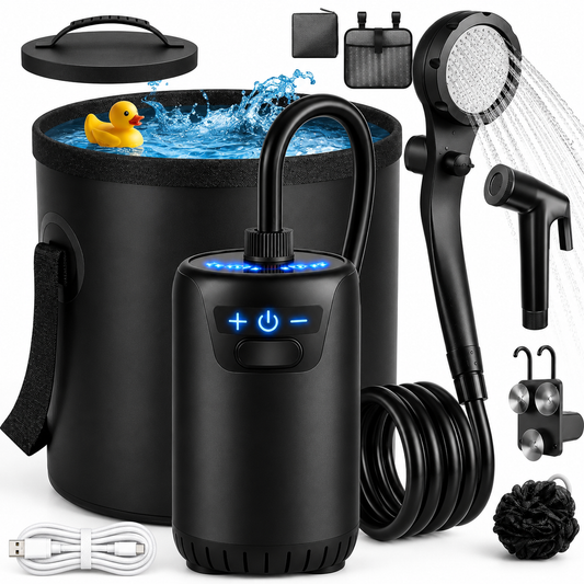 Kit Douche de Camping Portable – Pompe Rechargeable 4000 mAh, Réservoir 20 L, Pommeau Réglable, Tuyau 2 m