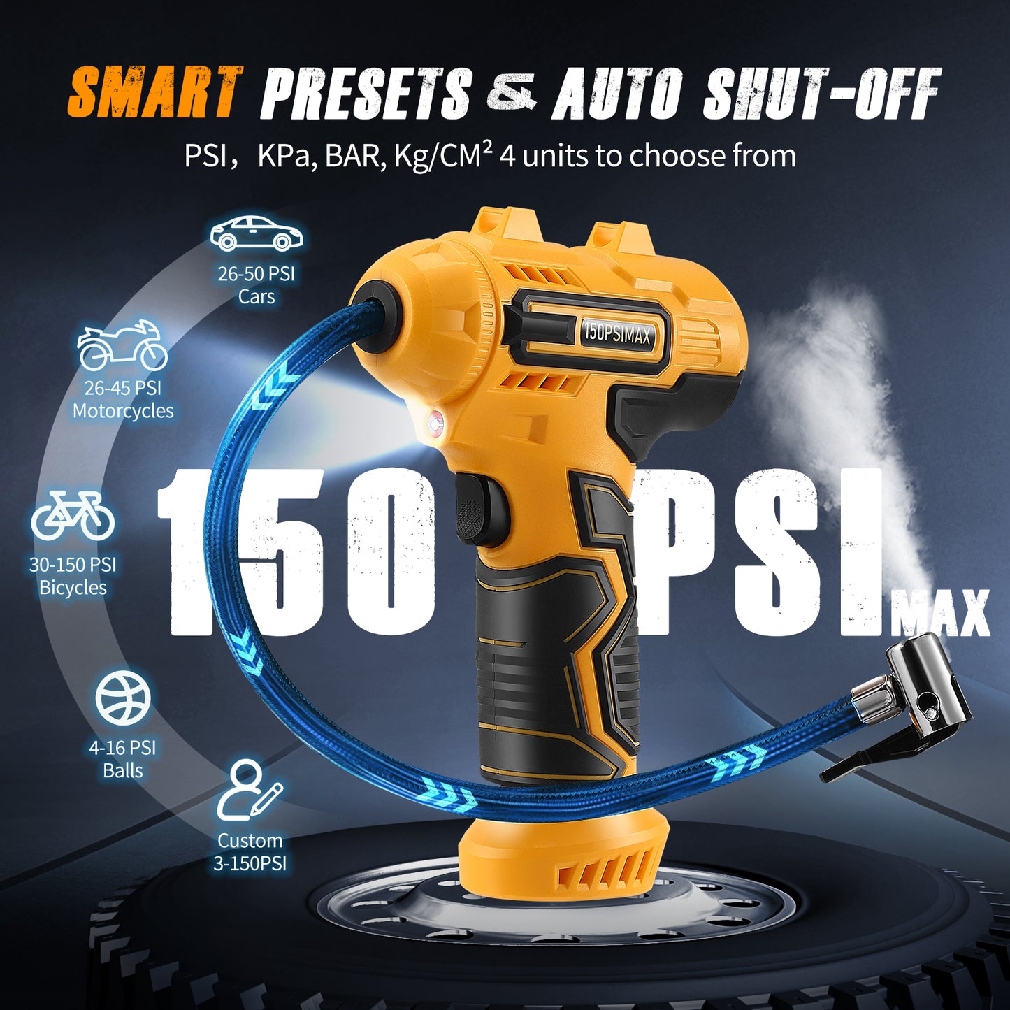 Compresseur d’Air Portable Sans Fil 150 PSI – Pompe Voiture avec 2 Batteries et 4 Embouts