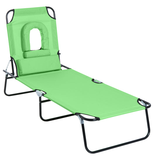 Chaise Longue Pliante Réglable 4 Positions Transat de Camping Jardin Terrasse avec Trou Visage Portable