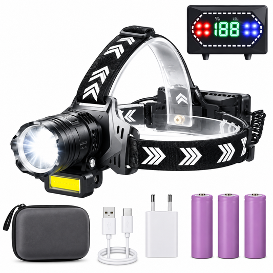 Lampe Frontale LED Rechargeable USB-C – Capteur de Mouvement, IPX7, Faisceau Réglable & Batterie 18650 – Camping, Randonnée & Pêche