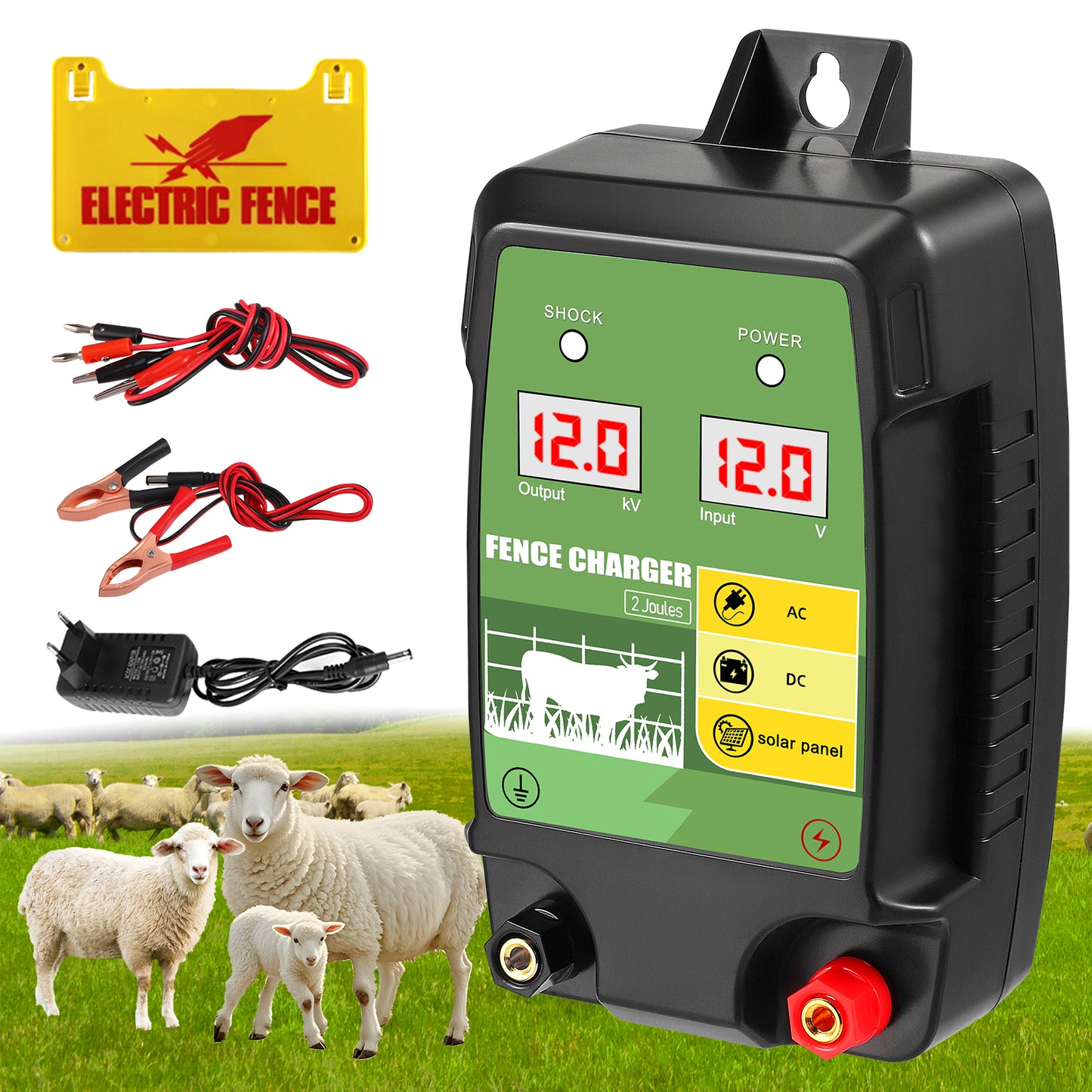 Électrificateur de Clôture 7,5 km – Sortie 2J – Alimentation 12V / AC / Solaire pour Bétail et Volailles