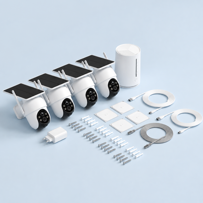 Kit Vidéosurveillance WiFi 2K – 4 Caméras Extérieures, 2 Panneaux Solaires, Vision Nocturne Couleur & Détection Humaine