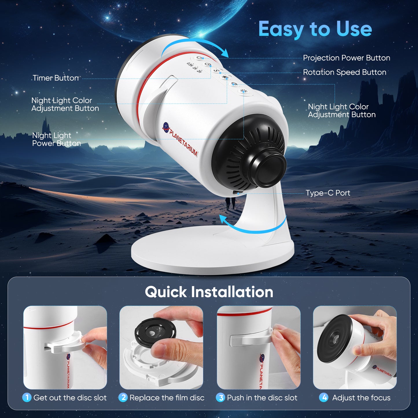Projecteur Ciel Étoilé LED 360° – Veilleuse Galaxy Rotative avec 10 Disques HD, Lumière Ambiance Chambre Enfant & Adulte