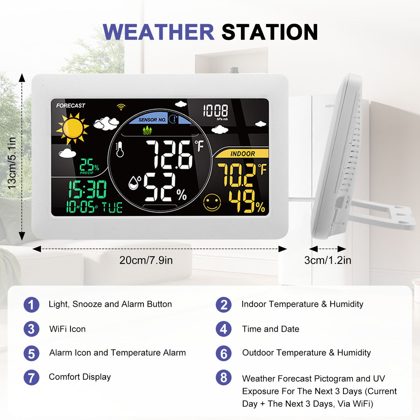 Station Météo Connectée WiFi avec Capteur Extérieur – Thermomètre Hygromètre Intérieur/Extérieur – Écran LCD Couleur, Horloge, Application Mobile