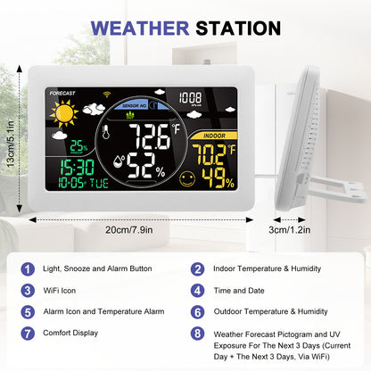 Station Météo Connectée WiFi avec Capteur Extérieur – Thermomètre Hygromètre Intérieur/Extérieur – Écran LCD Couleur, Horloge, Application Mobile
