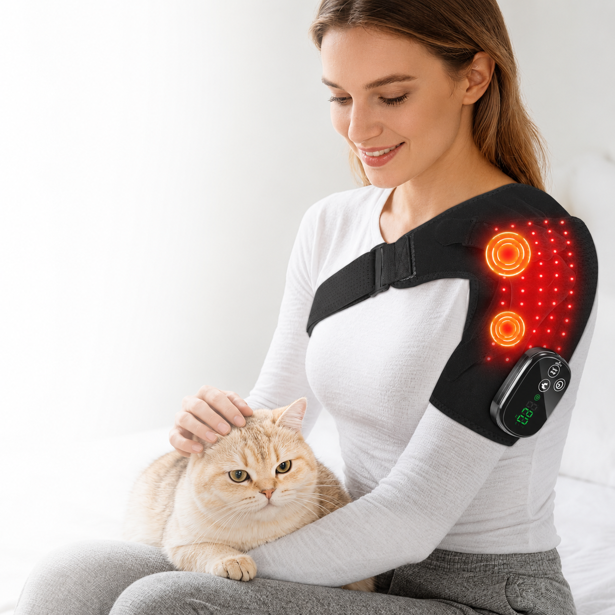 Coussin Chauffant Épaule Sans Fil Rechargeable 5000 mAh – Thérapie Chauffante LED Réglable, 6 Niveaux de Chaleur, 3 Modes de Vibration, Attelle Épaule Confort Homme Femme