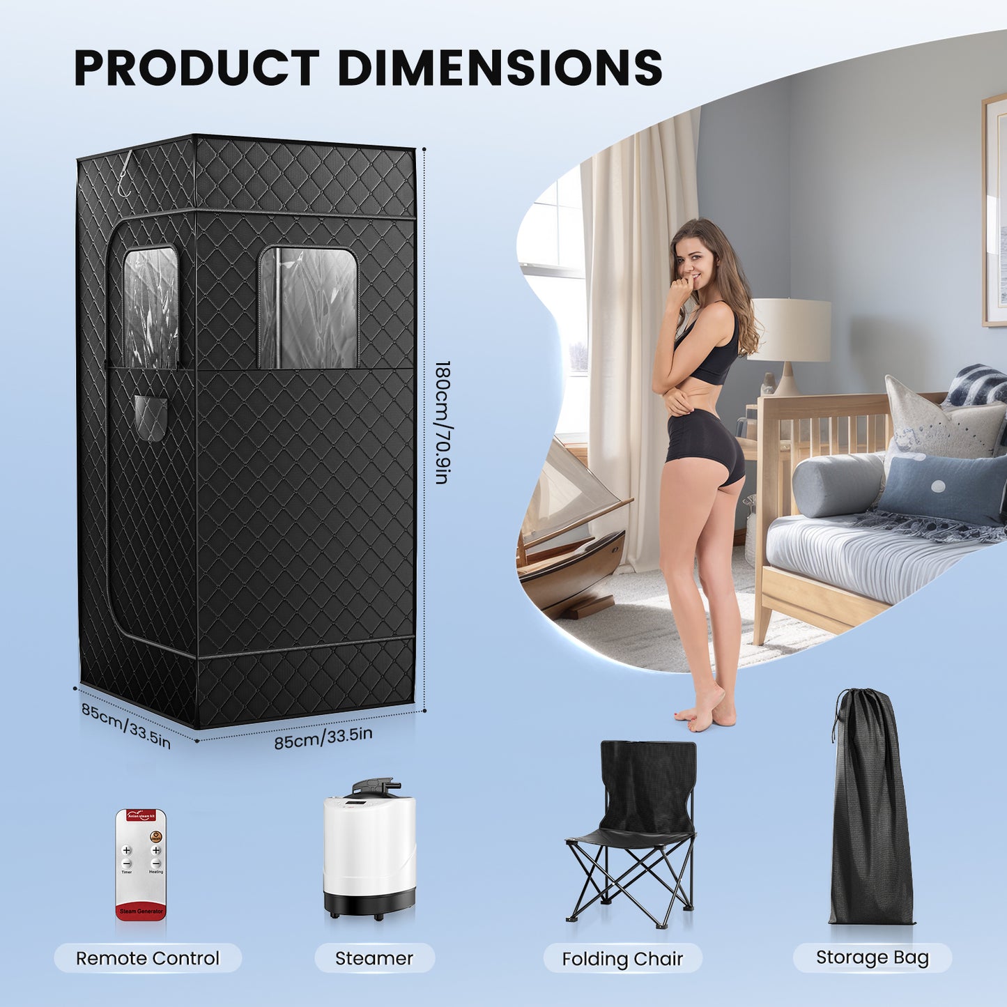 Sauna à vapeur portable pour la maison – 1000W – Cuve 3L – Cabine pliable individuelle avec siège et télécommande – Relaxation et détox