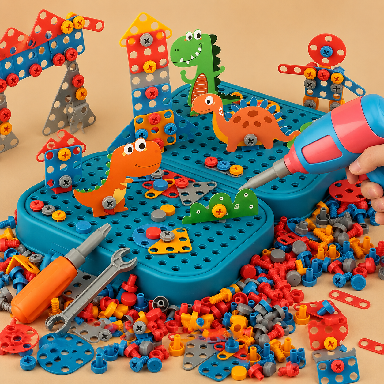 Jeu de Construction Éducatif 351 Pièces avec Perceuse Électrique – Coffret Bricolage Montessori Enfants | Vis, Écrous & Outils