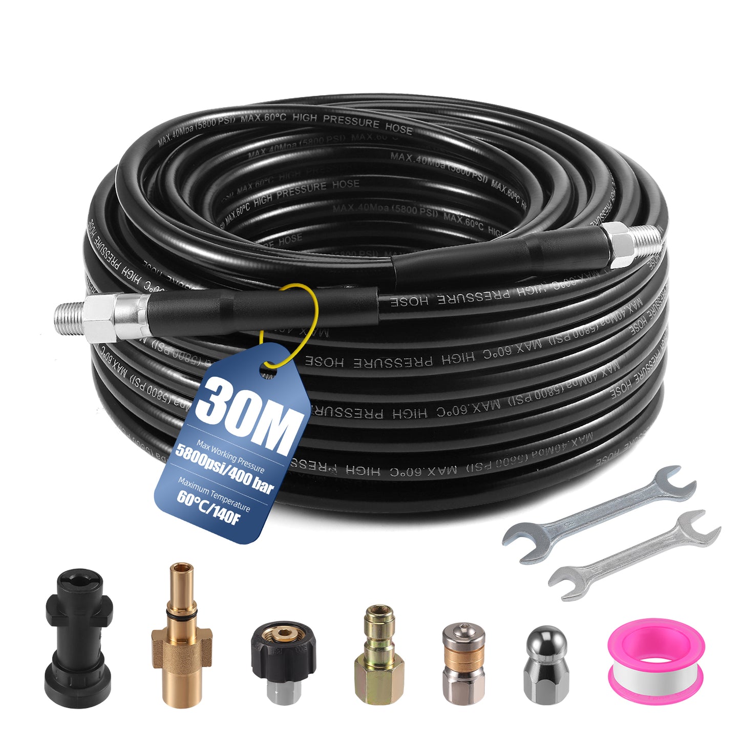 Tuyau Nettoyeur Haute Pression 30M 5800 PSI – Flexible Renforcé avec Raccords Universels, Compatible Nettoyeurs Haute Pression