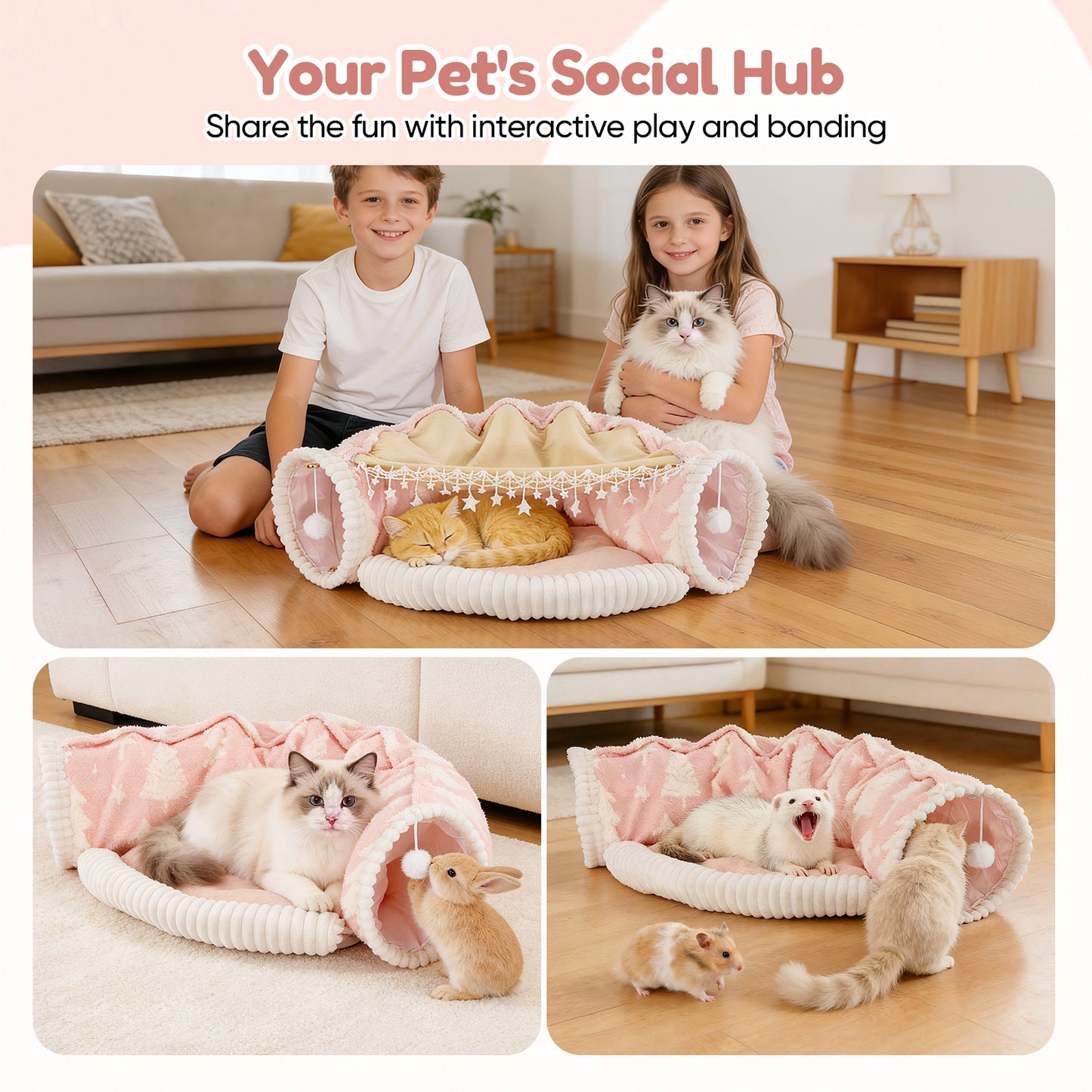 Lit Tunnel Chat 2-en-1 Pliable – Tente Amovible Peluche Douce – Tunnel de Jeu et Repos Chat