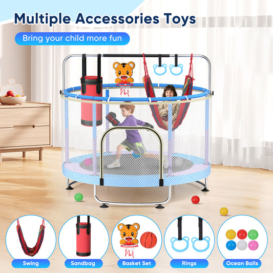 Trampoline Enfant Réglable avec Accessoires – Balançoire, Panier de Basket, Balles Colorées – Usage Intérieur – Couleur Bleu