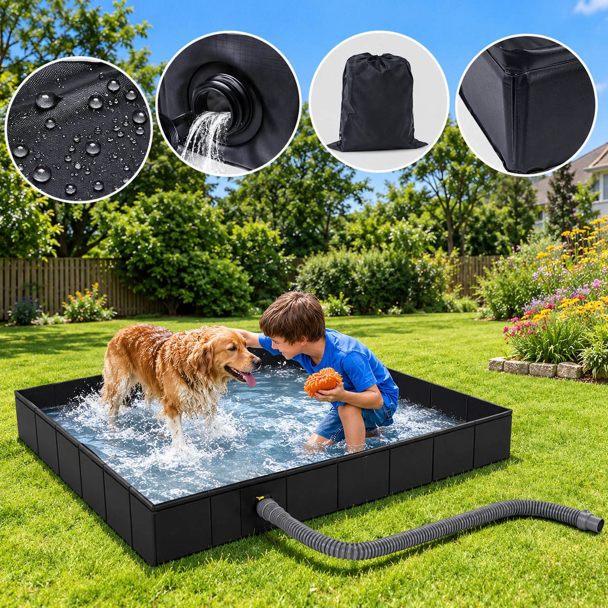 Plato de ducha plegable portátil 104×104×13 cm – Receptor impermeable de PVC con manguera de desagüe – Camping, furgoneta y autocaravana – Negro