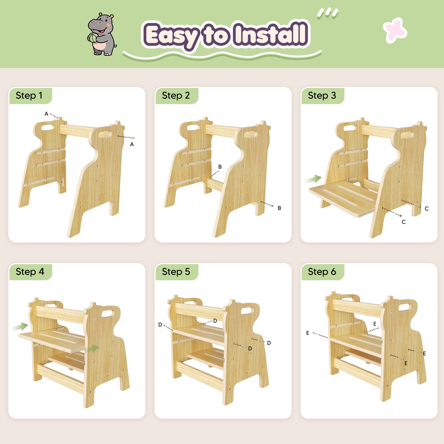 Tabouret Enfant 2 Marches en Bois 4-en-1 – Marchepied Antidérapant Salle de Bain Évier