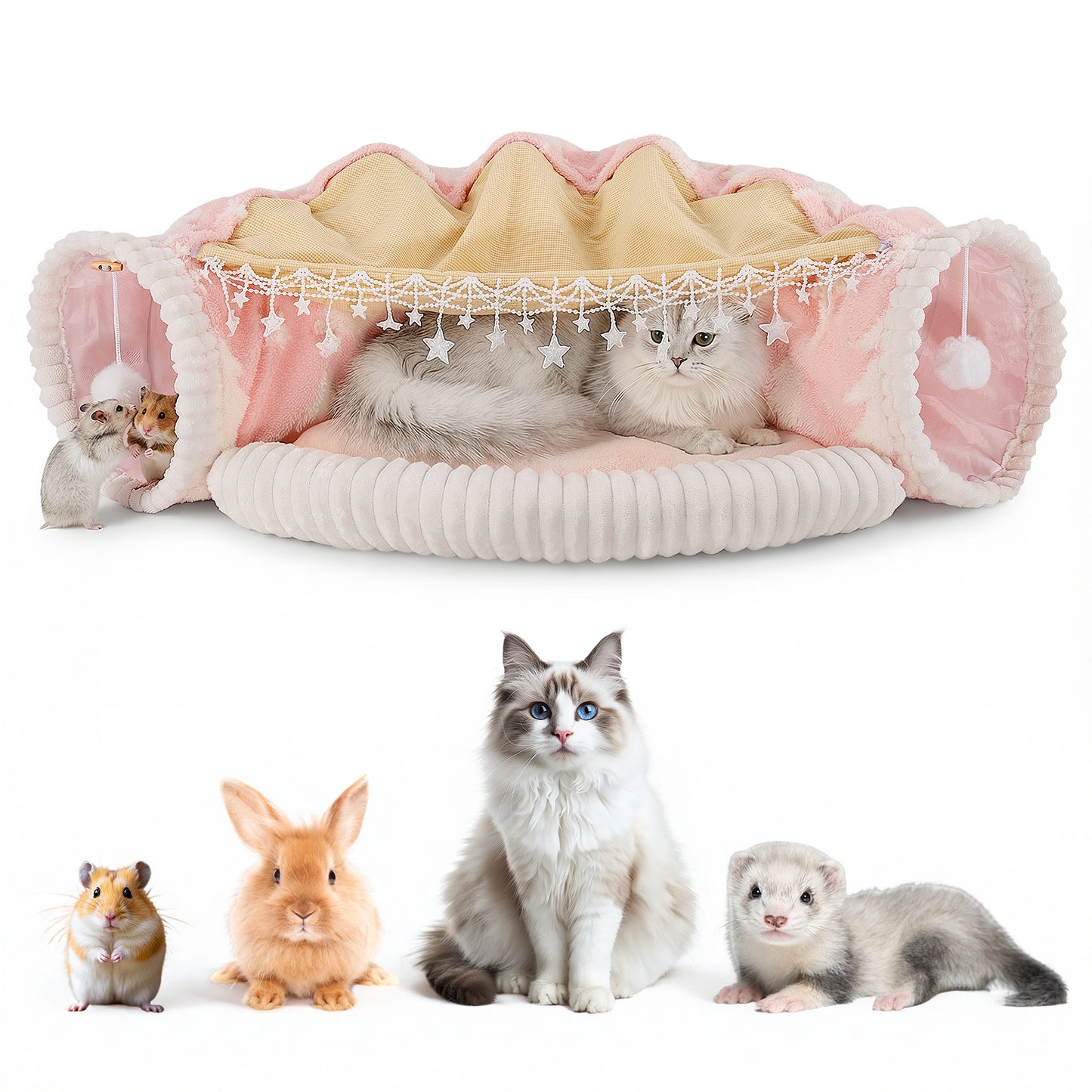 Lit Tunnel Chat 2-en-1 Pliable – Tente Amovible Peluche Douce – Tunnel de Jeu et Repos Chat