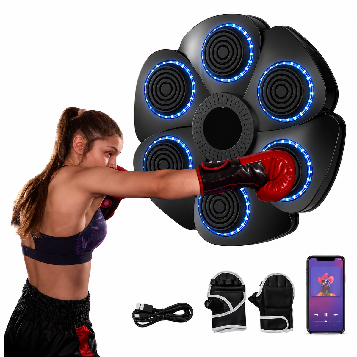 Máquina de Boxeo Musical de Pared – 6 Blancos LED Interactivos – Fitness y Reflejos – Conexión para Smartphone – Guantes Incluidos