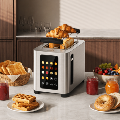 Grille-Pain 2 Tranches Inox – Écran Tactile, 6 Programmes, Fentes Larges, Support Réchauffe-Pain