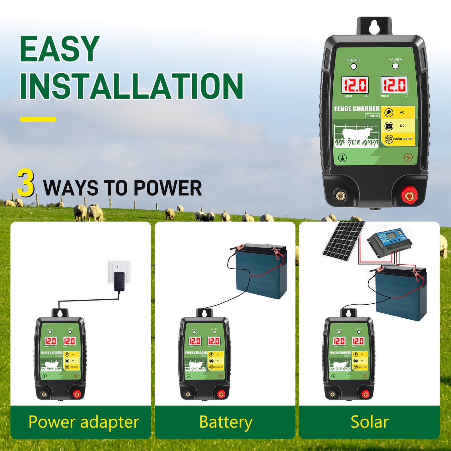 Électrificateur de Clôture 7,5 km – Sortie 2J – Alimentation 12V / AC / Solaire pour Bétail et Volailles