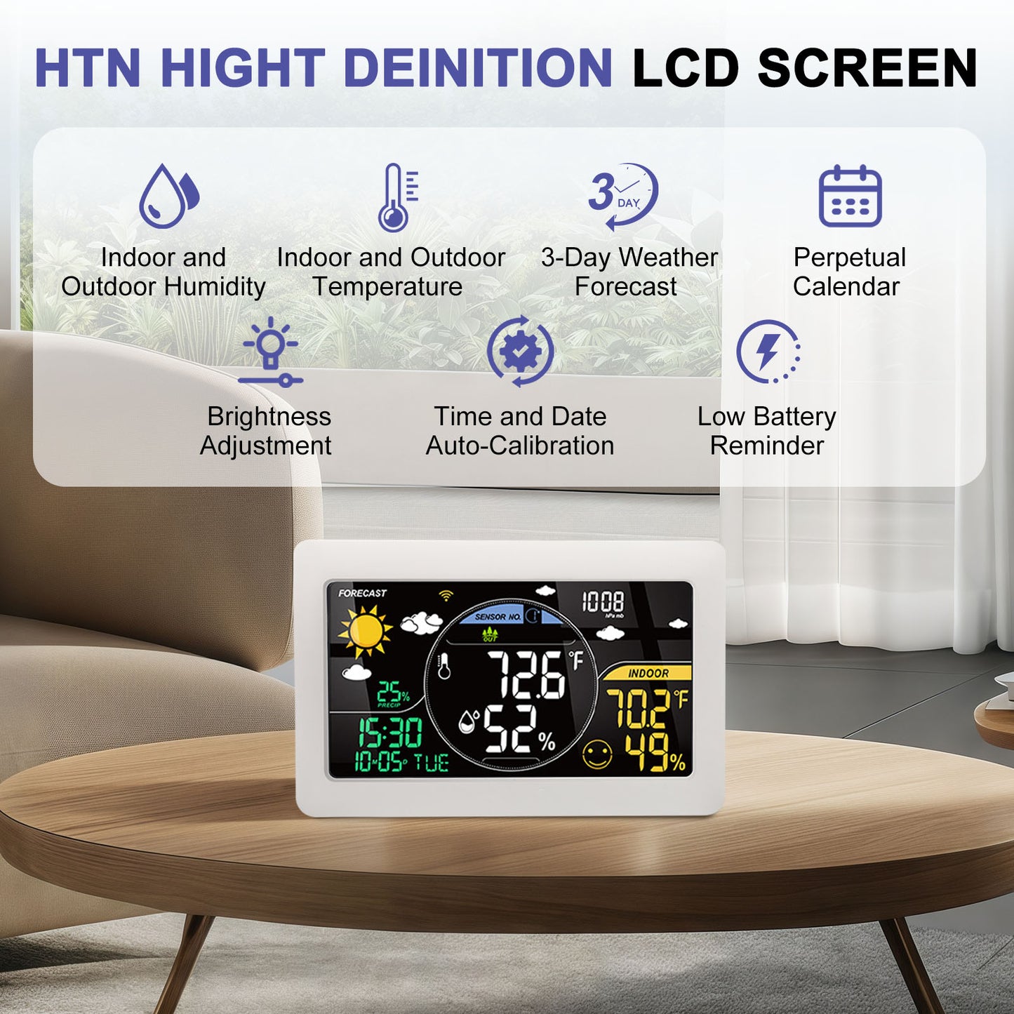 Station Météo Connectée WiFi avec Capteur Extérieur – Thermomètre Hygromètre Intérieur/Extérieur – Écran LCD Couleur, Horloge, Application Mobile