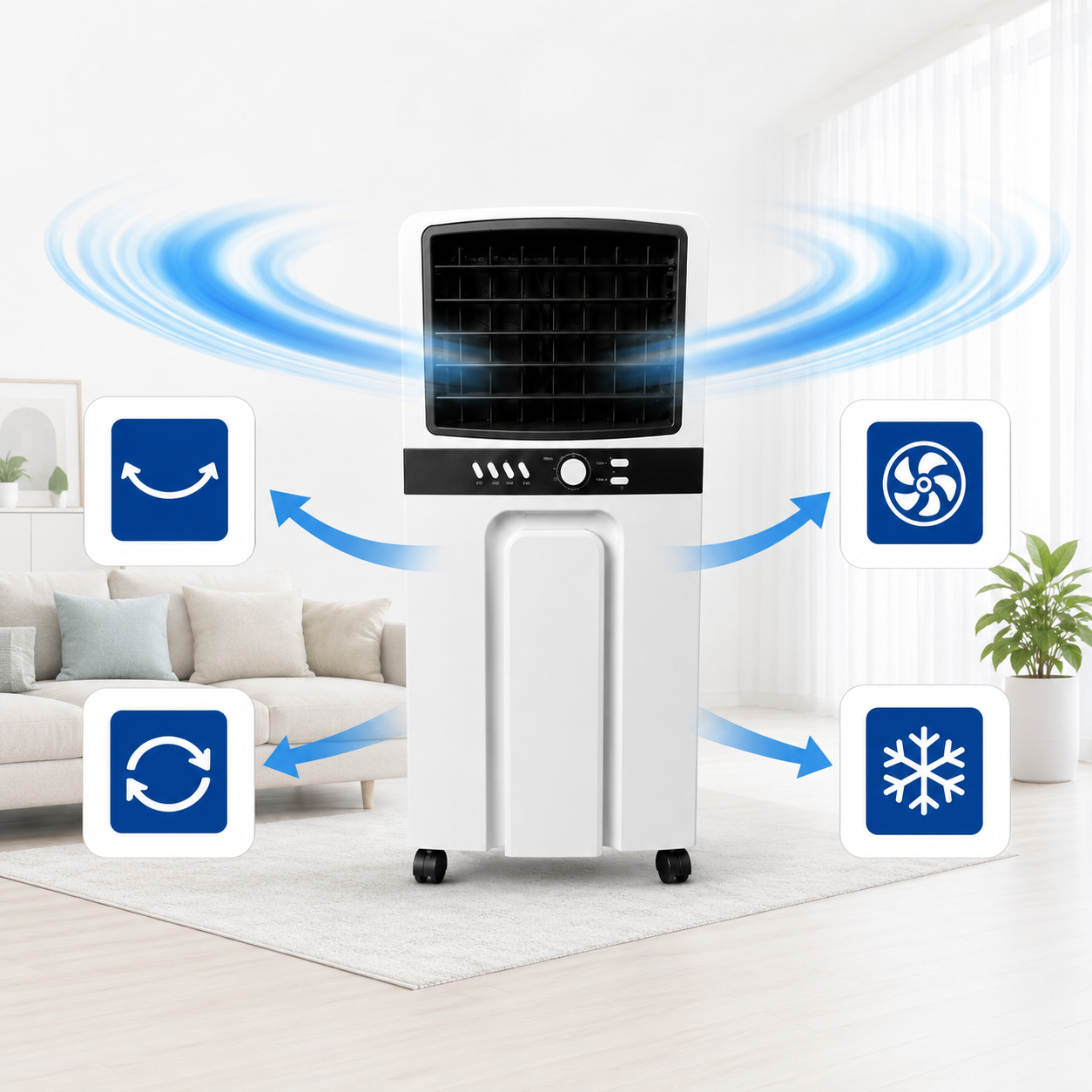 Rafraîchisseur d'Air Évaporatif 65W – Réservoir 6L, 3 Vitesses, Mobile sur Roulettes + 2 Blocs Réfrigérants – Blanc