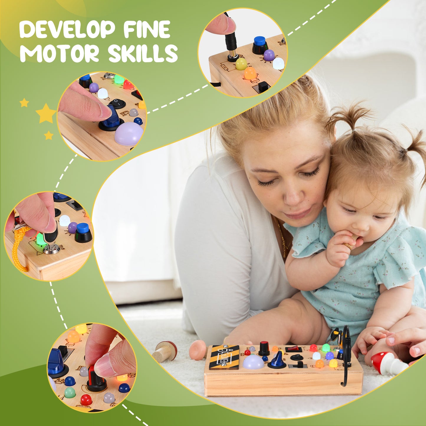 Planche Montessori Sensorielle en Bois – Tableau d’Activités LED – Jouet Éducatif 2 à 4 Ans