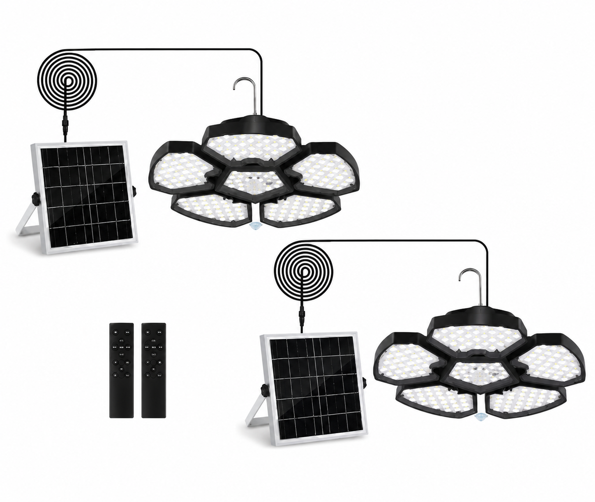Éclairage Solaire Suspendu 156 LED – Lot de 2 Lampes avec Détecteur de Mouvement et Panneau Solaire, Jardin, Garage, Terrasse