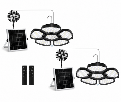Iluminación Solar Colgante de 156 LED – Pack de 2 Lámparas con Sensor de Movimiento y Panel Solar, Jardín, Garaje, Terraza