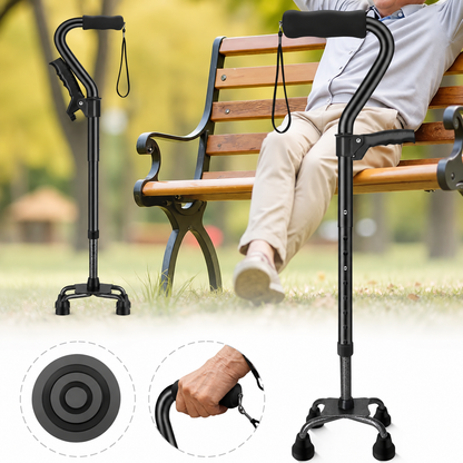 Canne de Marche Pliable 4 Pieds Réglable – Antidérapante, Poignée Ergonomique, Senior & Adulte – Noir