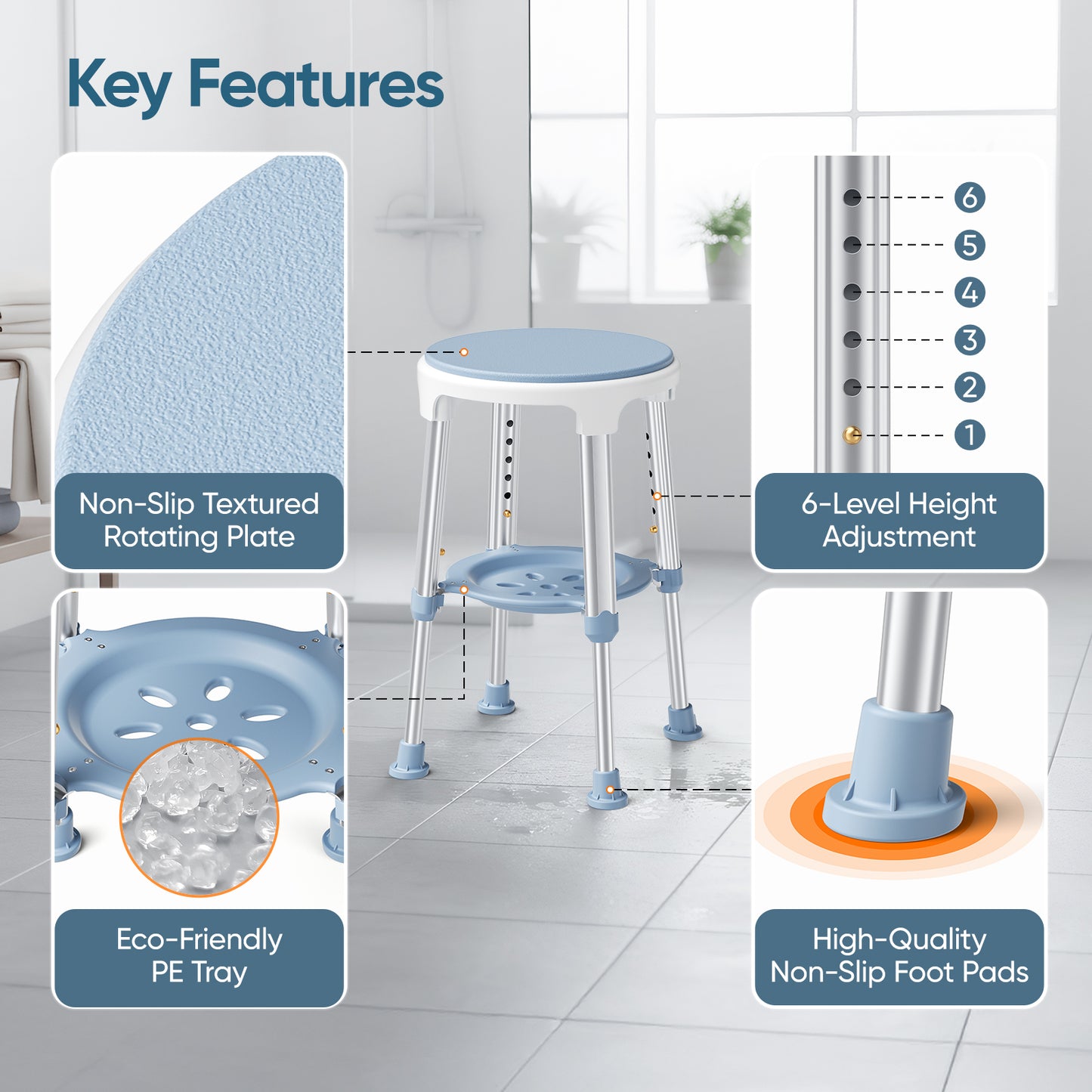 Chaise de Douche Pivotante 360° Réglable en Hauteur – Siège Antidérapant Aluminium