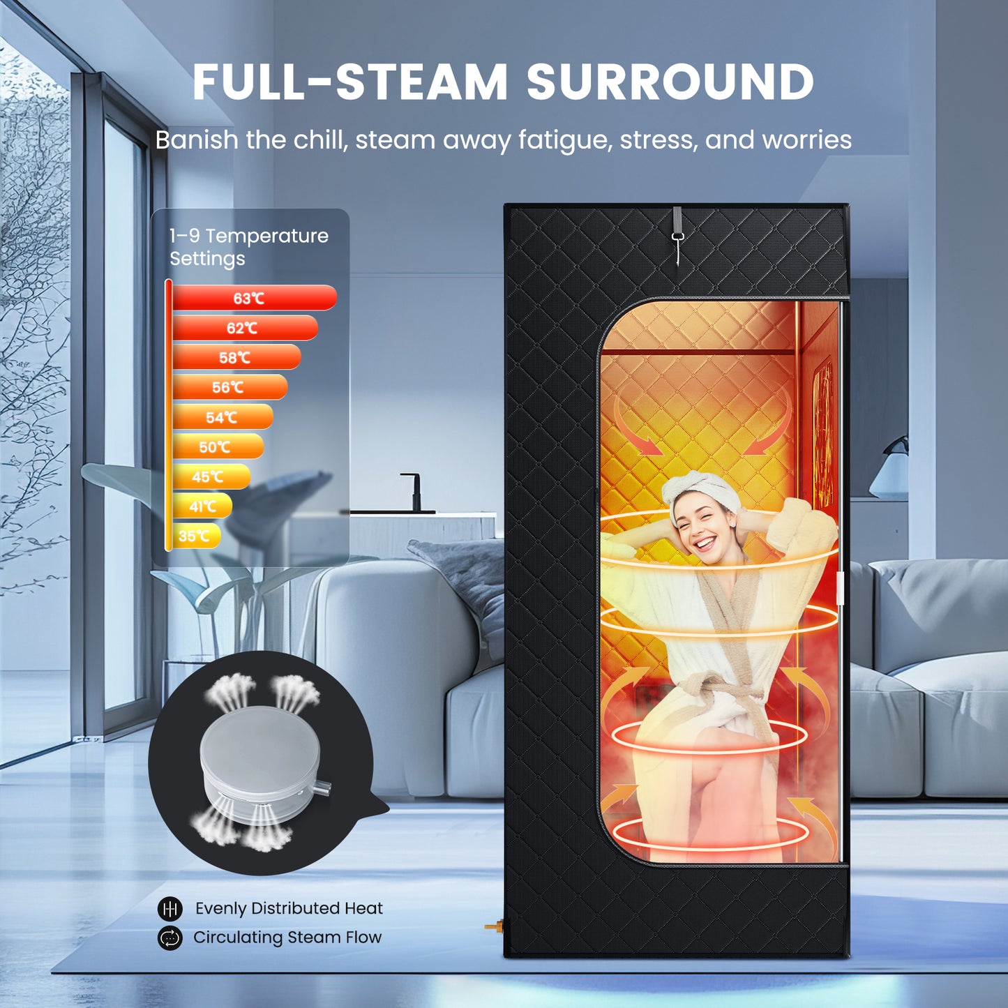 Sauna à vapeur portable pour la maison – 1000W – Cuve 3L – Cabine pliable individuelle avec siège et télécommande – Relaxation et détox