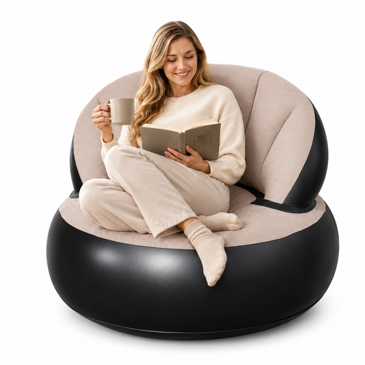 Fauteuil Gonflable Rond avec Dossier en PVC Floqué – Canapé Portable Intérieur Extérieur – Gris