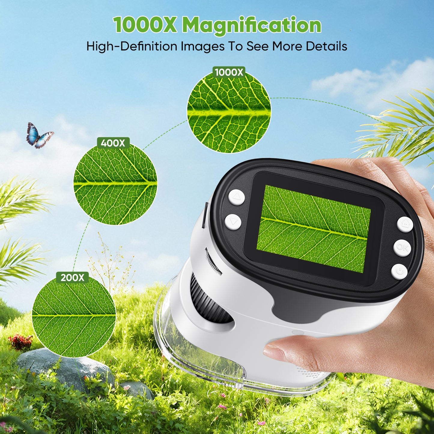 Microscope Numérique 1000X avec Écran 2" – Mini Microscope Portable 4K USB Enfants