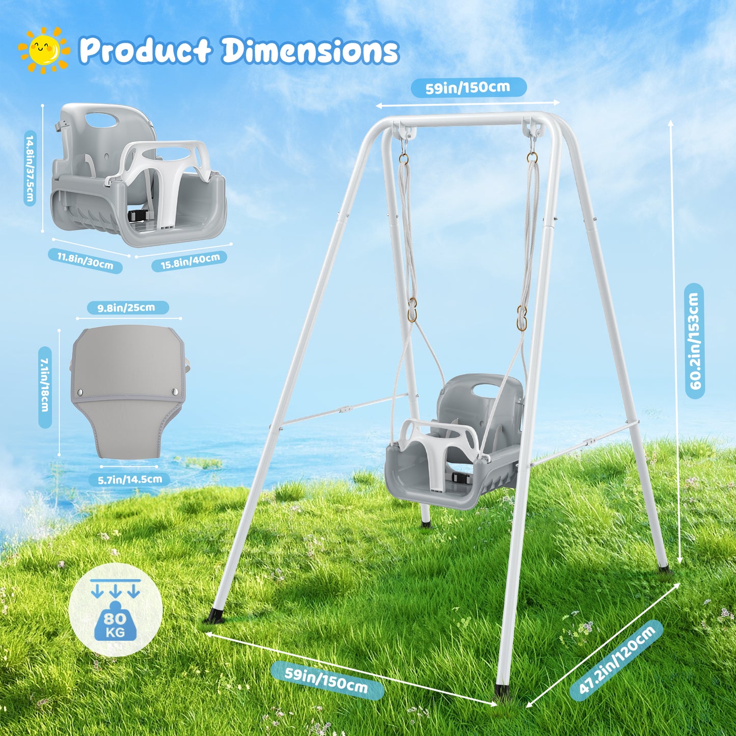 Balançoire Bébé 2 en 1 avec Structure Métallique – Siège Suspendu Enfant – Utilisation Intérieure et Extérieure – Couleur Blanc