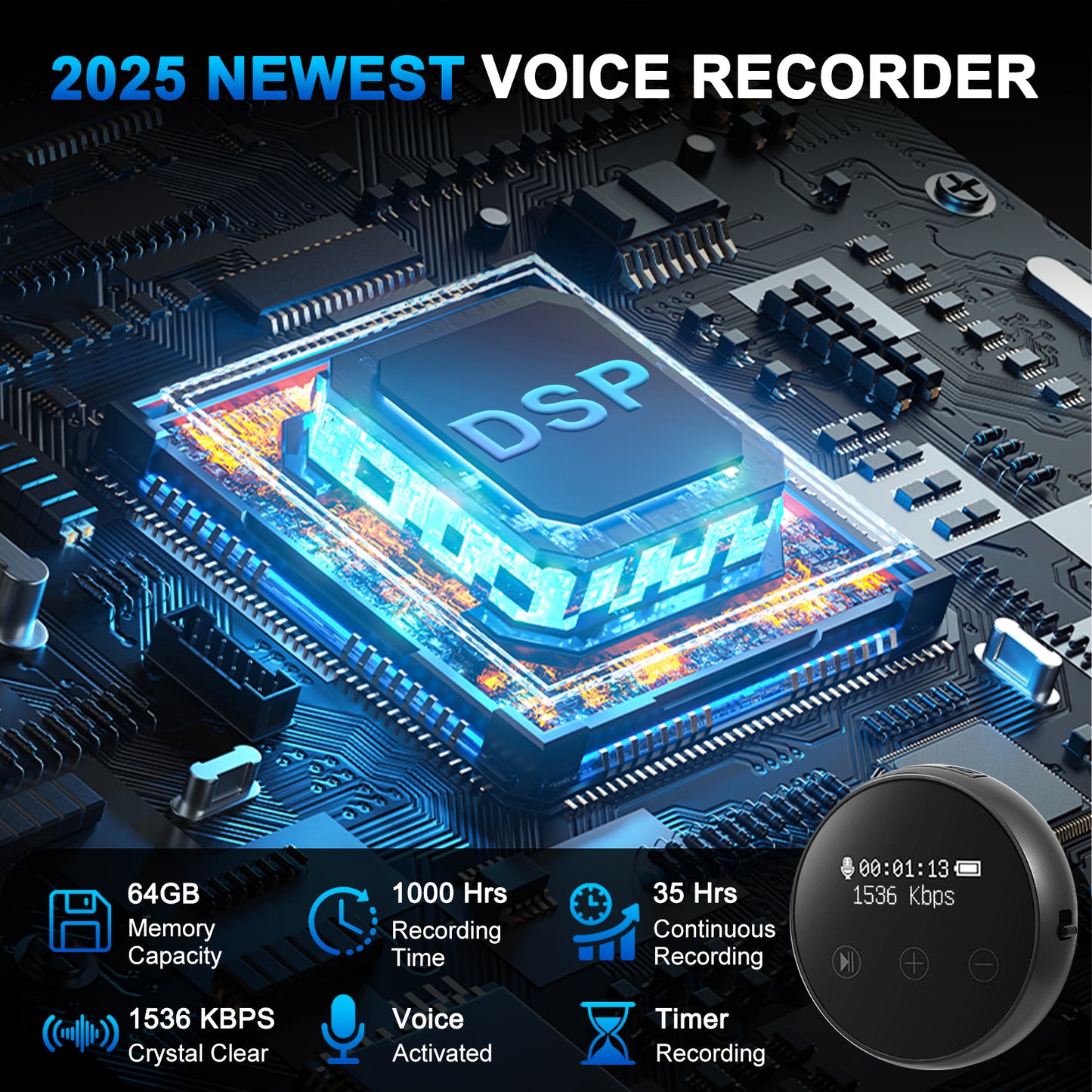 Mini Enregistreur Audio 64GB Haute Qualité 3072 Kbps – Dictaphone Numérique Portable avec Réduction de Bruit, Activation Vocale, Autonomie Longue Durée