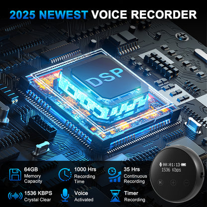 Mini 64GB High-Quality 3072 Kbps Audio Recorder – Portable Digital Voice Recorder with Noise Reduction, Voice Activation, Long Battery Life