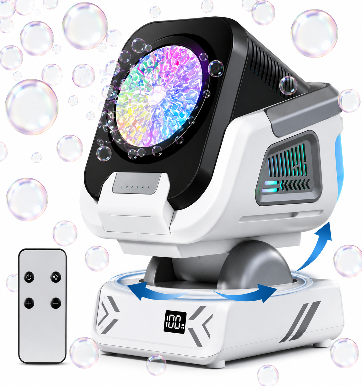 Machine à Bulles Automatique Rechargeable RGB – Rotation 360°, LED, Télécommande, Batterie 1800 mAh – Anniversaires & Événements