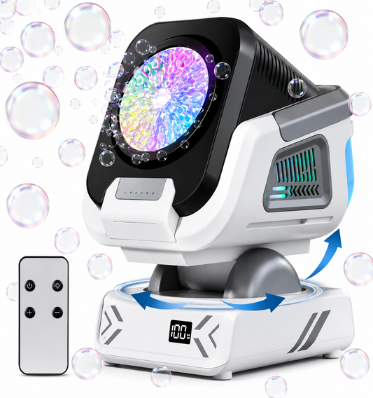 Machine à Bulles Automatique Rechargeable RGB – Rotation 360°, LED, Télécommande, Batterie 1800 mAh – Anniversaires & Événements
