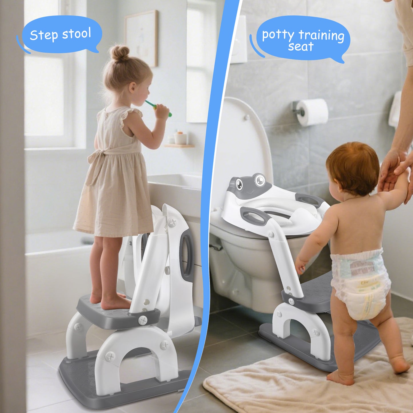 Siège de Toilette Enfant avec Marche et Tabouret – Escabeau 2 Marches – Pédale Antidérapante – Poignées de Sécurité – Couleur Gris