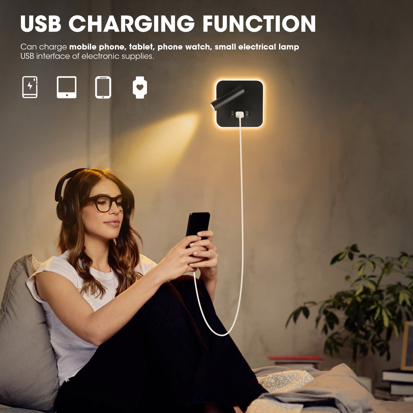 Lampe murale LED avec port USB pour lecture et chevet