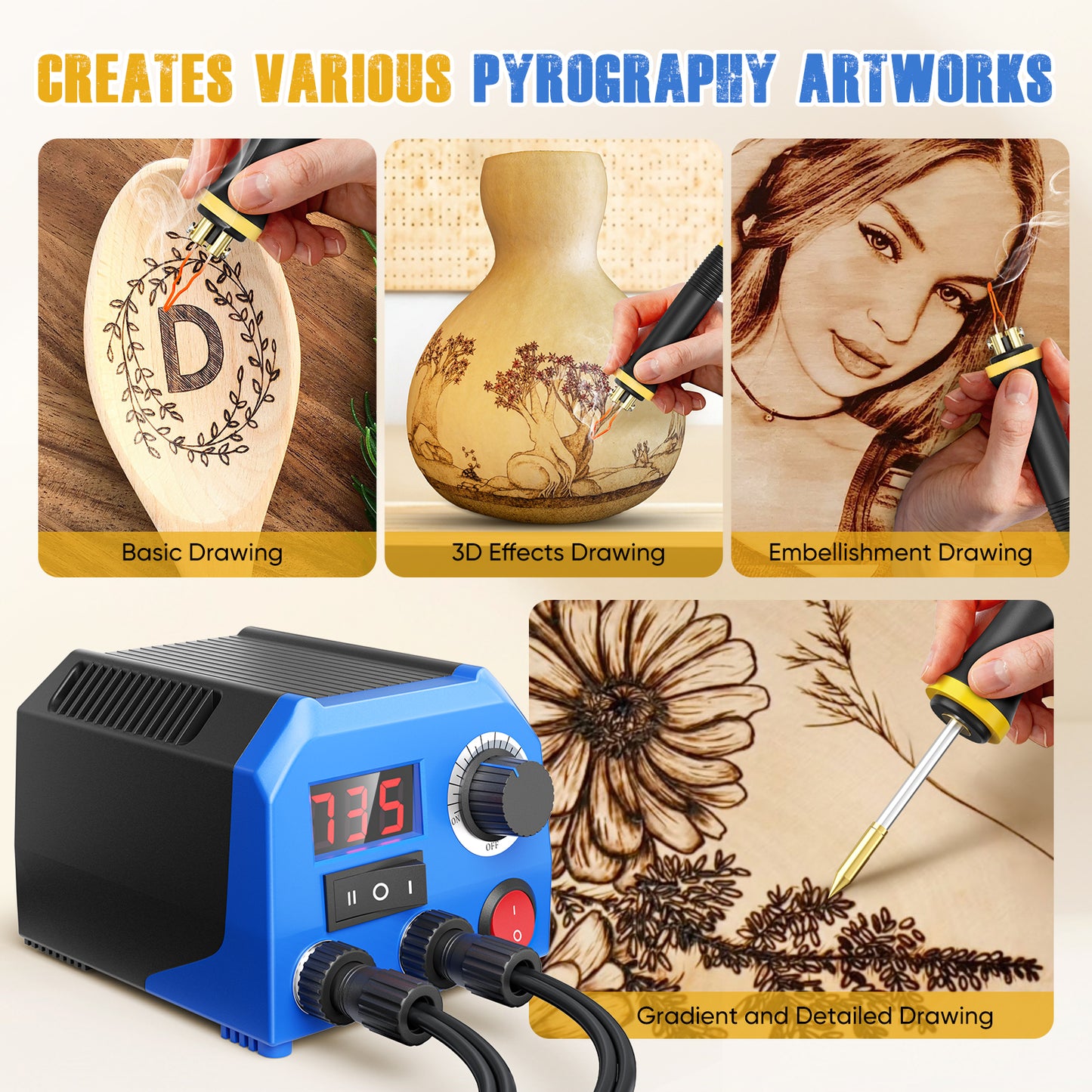 Kit Pyrogravure Bois 43 en 1 – Station de Soudure 220V avec 2 Stylos et Accessoires – Outil Gravure Bois DIY Précision – Création Artistique