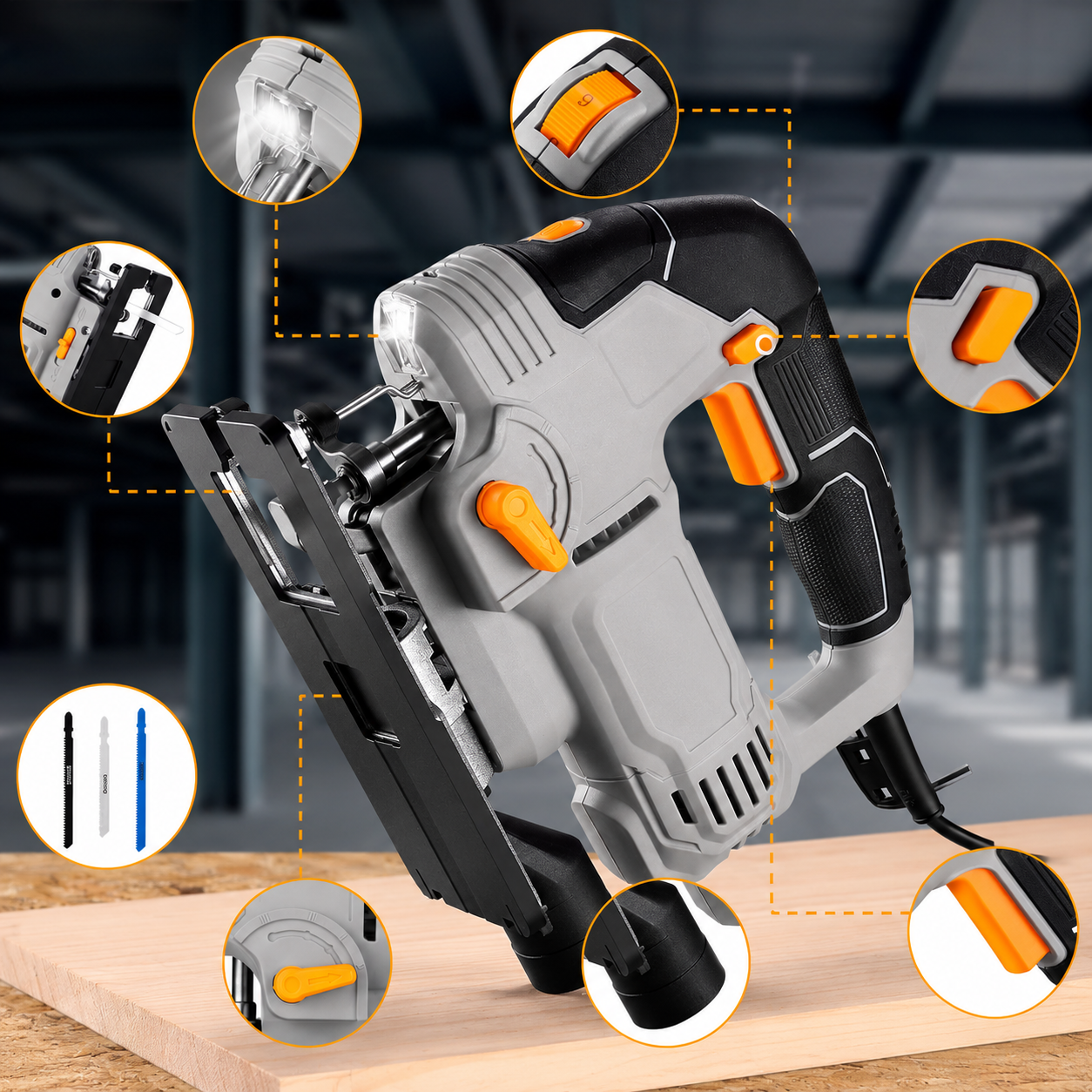 Scie Sauteuse Électrique 800 W – Vitesse Variable 3000 SPM – Laser, LED, Coupe Biais ±45°