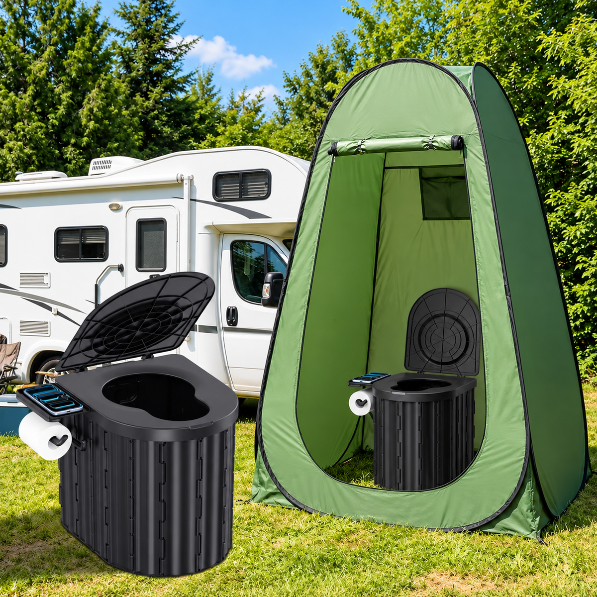 Toilette Portable Pliable avec Couvercle – WC de Camping Compact ABS – Voyage, Randonnée, Van & Urgence – Noir