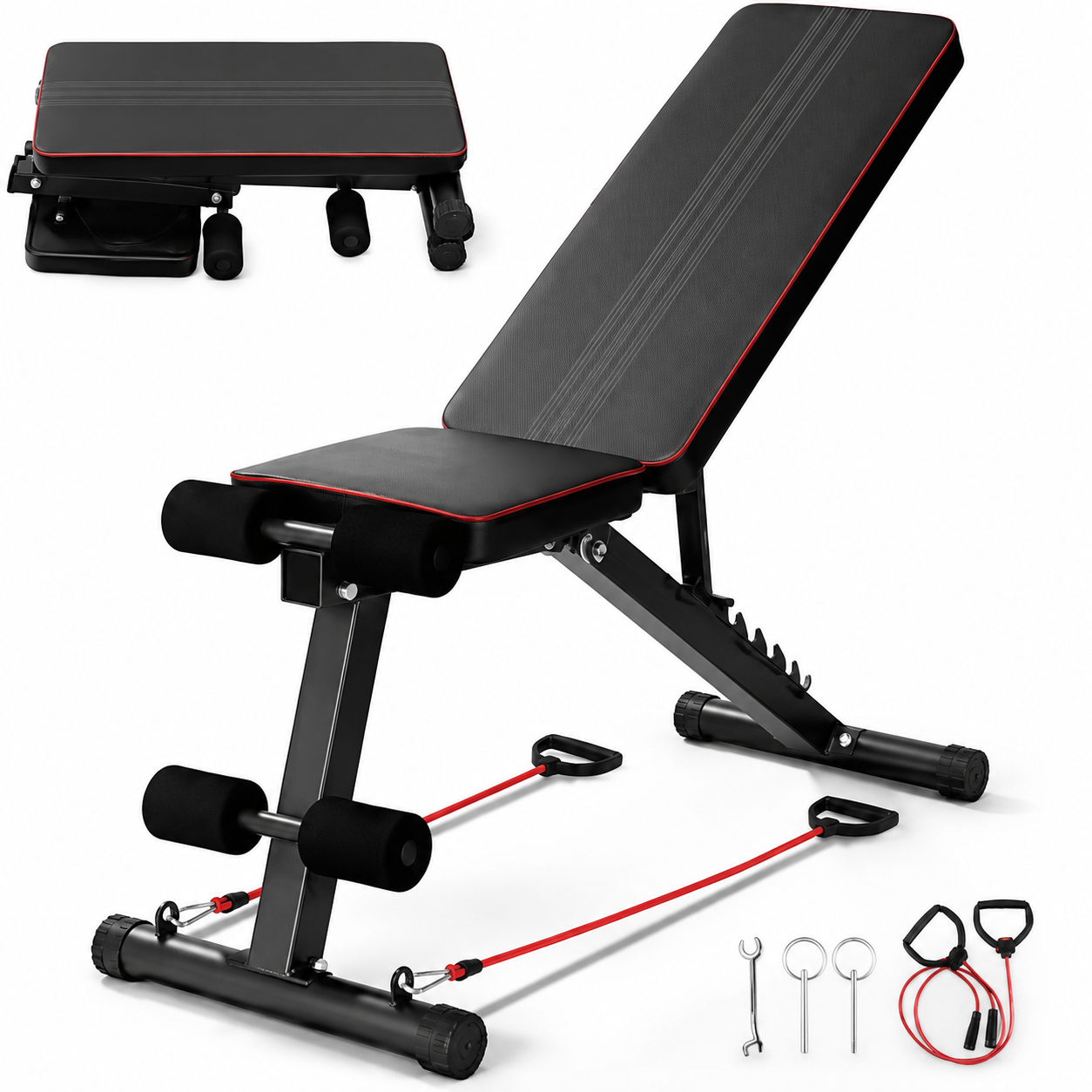 Banc de Musculation Pliable Multifonction Réglable 7 Positions Support 250 kg avec Bandes de Résistance