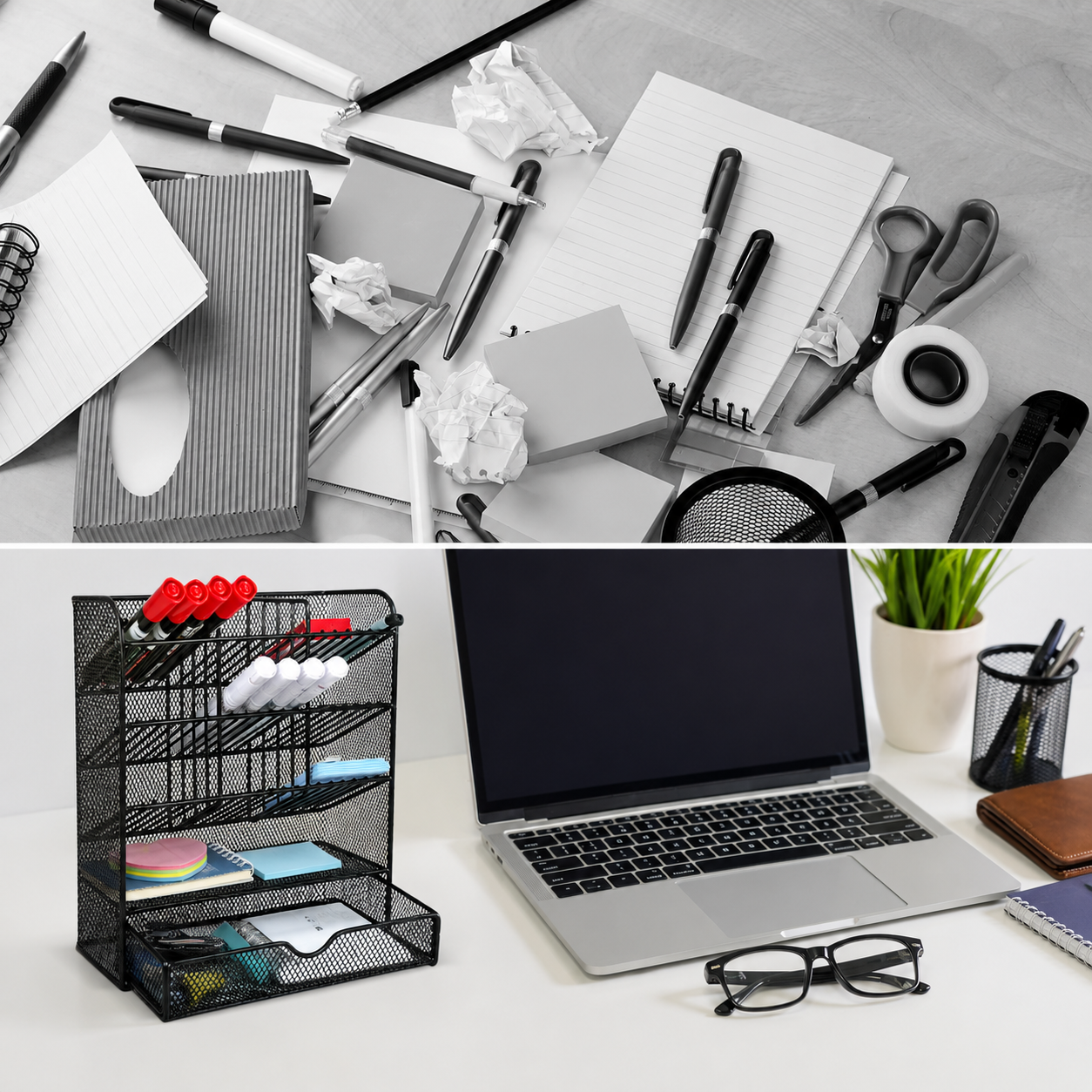 Organisateur de Bureau en Métal avec Compartiments et Tiroir | Range Stylos, Crayons, Fournitures de Bureau | Support de Rangement pour École, Maison et Bureau
