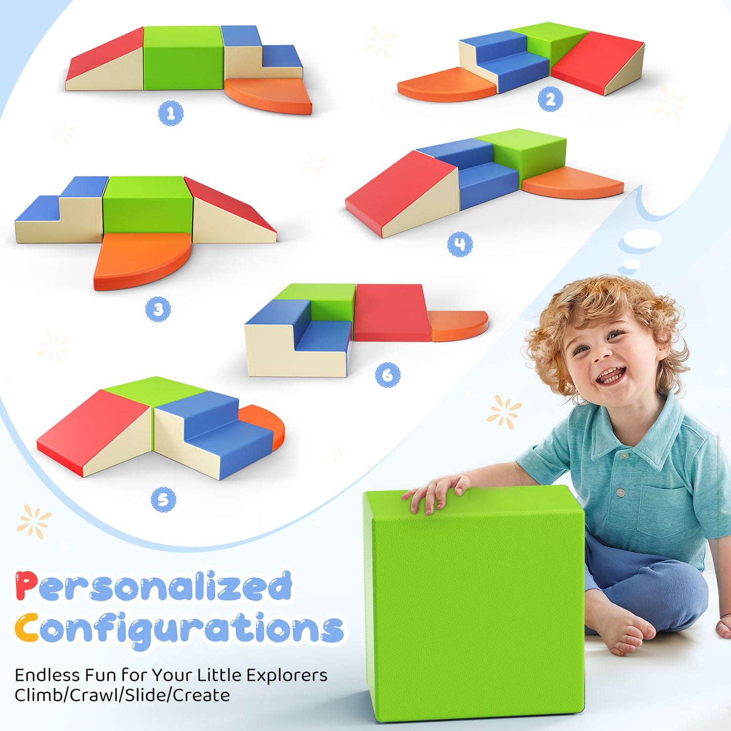 Blocs de motricité bébé en mousse – Jeu d’escalade pour tout-petits – Aire de jeu intérieure – 6 pièces – Multicolore