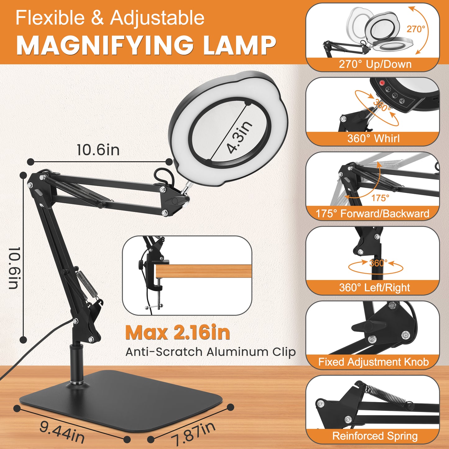 Loupe LED 15X avec Bras Articulé – Lampe Loupe avec Éclairage Réglable, 5 Températures de Couleur et 10 Niveaux de Luminosité – Support Bureau avec Pince