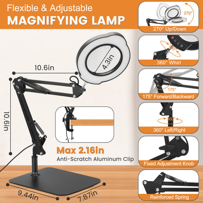 Loupe LED 15X avec Bras Articulé & Pince Bureau – 5 Températures de Couleur – 10 Niveaux de Luminosité – Travaux de Précision