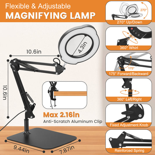 Loupe LED 15X avec Bras Articulé – Lampe Loupe avec Éclairage Réglable, 5 Températures de Couleur et 10 Niveaux de Luminosité – Support Bureau avec Pince