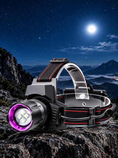 Lampe Frontale UV 395 nm & LED Blanche Rechargeable – Zoomable, Batterie 5200 mAh – Détection UV, Pêche, Camping & Extérieur