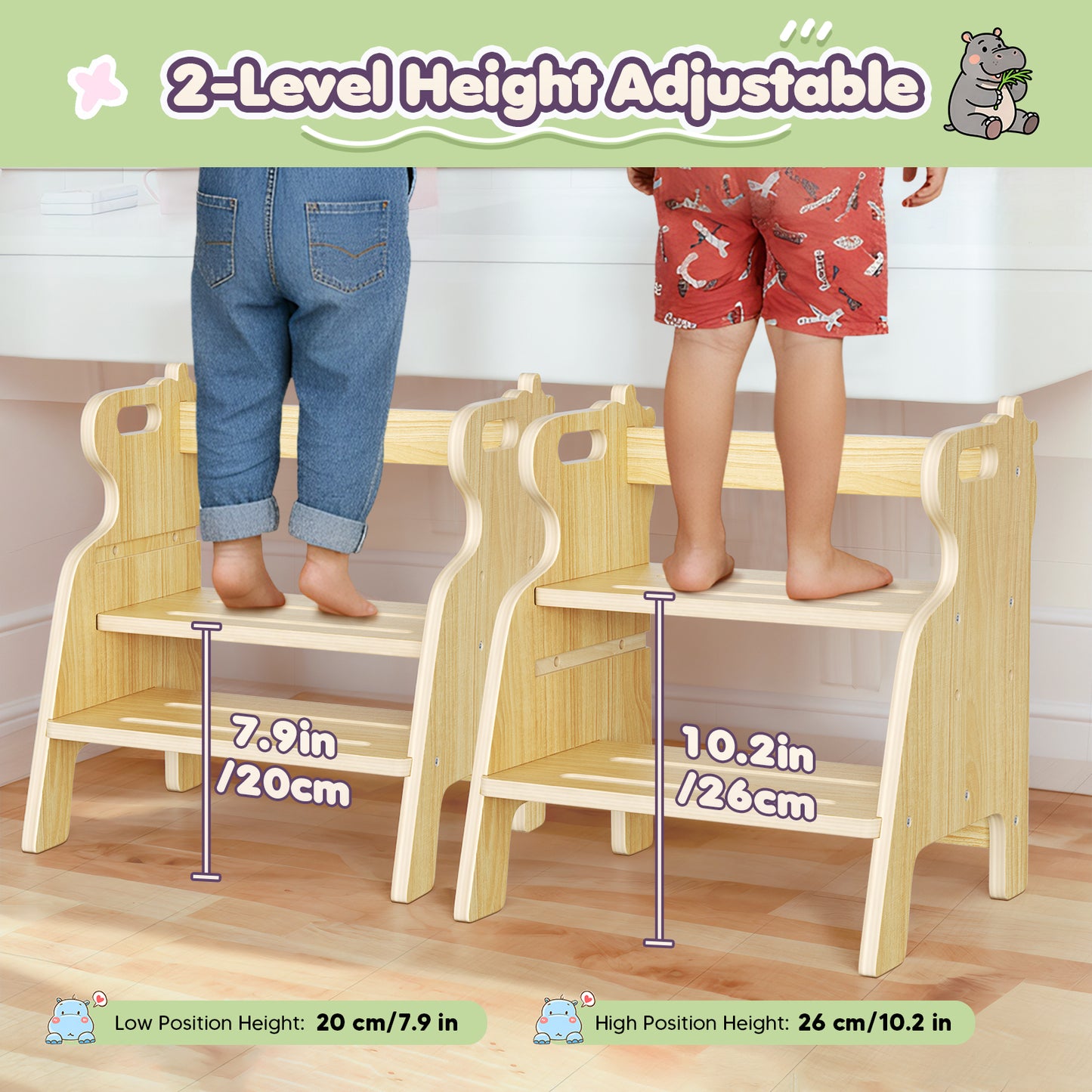 Tabouret Enfant 2 Marches en Bois 4-en-1 – Marchepied Antidérapant Salle de Bain Évier